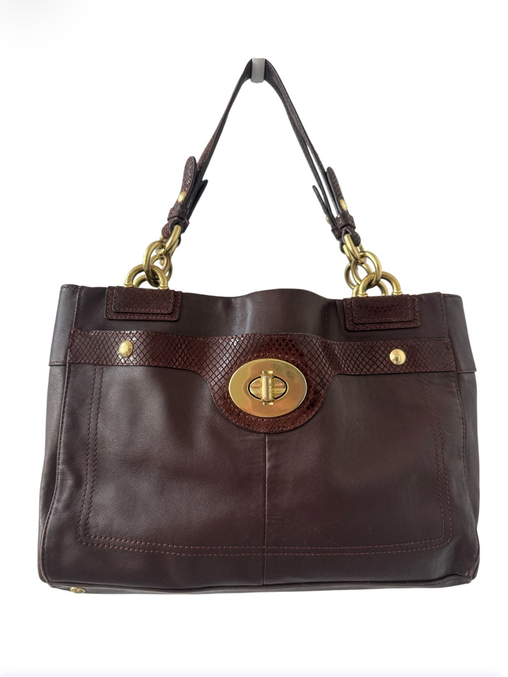 Coach Penelope Brown leather shoulder Bag with snakeskin-patterned accents